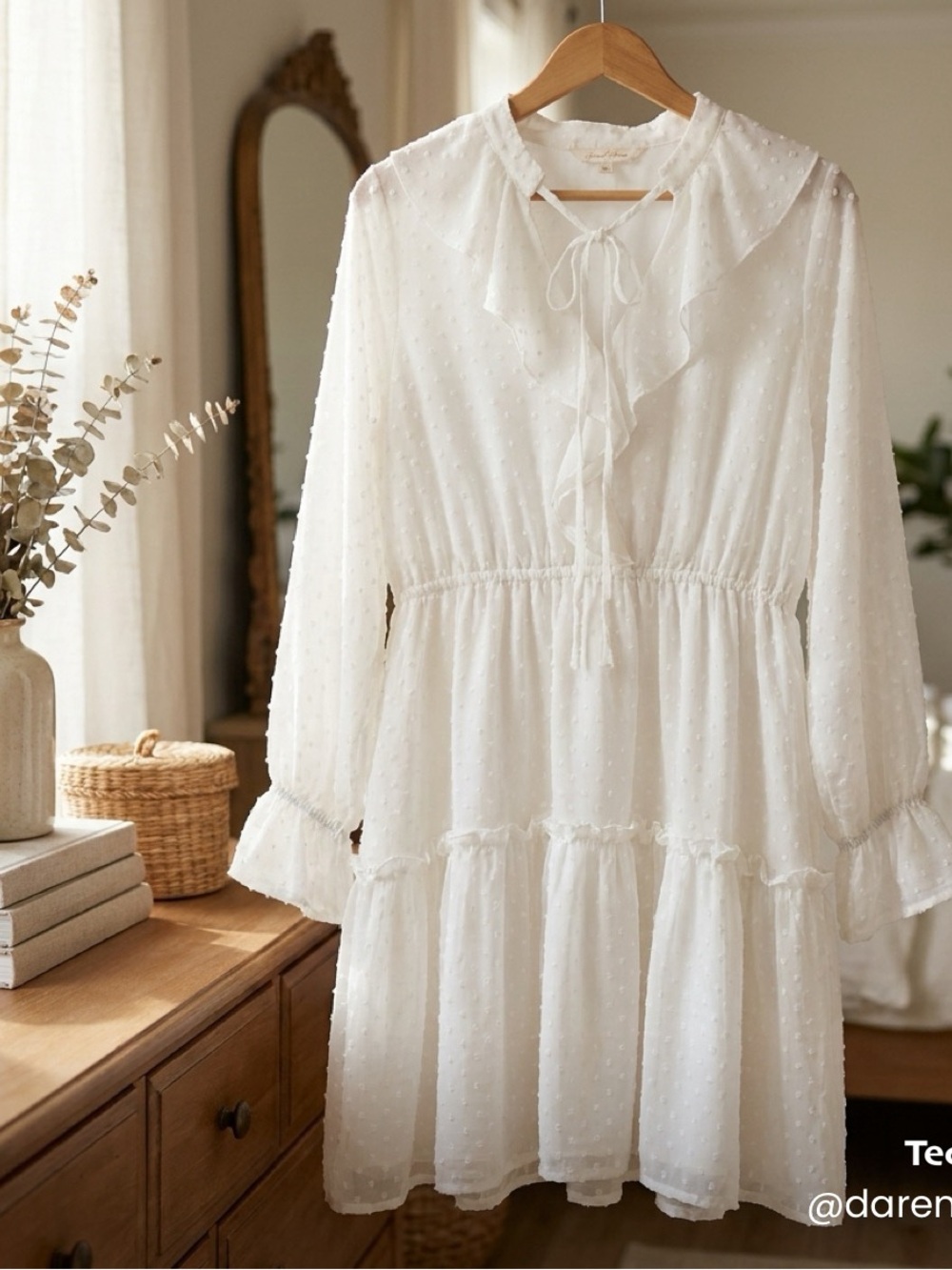 Listicle White Swiss-Dot Ruffle Tie-Neck Long Sleeve Dress
